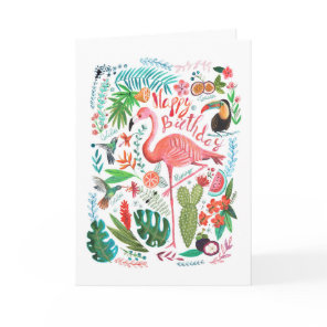 Happy Birthday Tropical Flamingo & Jungle Birds Card