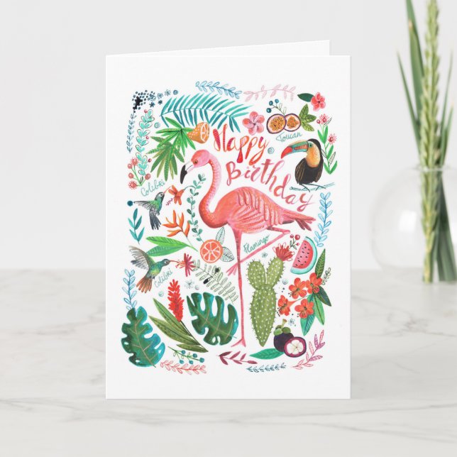 Happy Birthday Tropical Flamingo & Jungle Birds Card (Front)