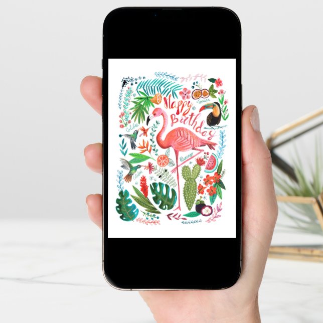 Happy Birthday Tropical Flamingo & Jungle Birds Card (Front Digital)