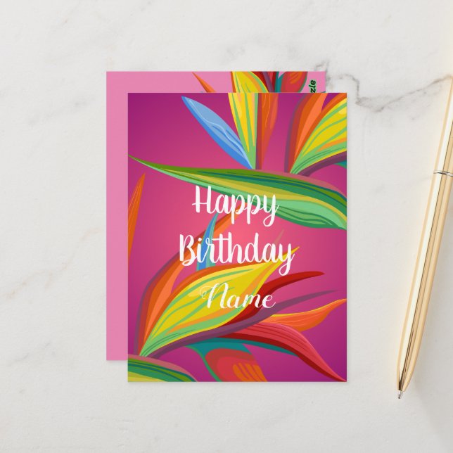 Happy Birthday Tropical Flowers Postcard (Front/Back In Situ)