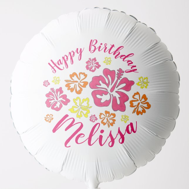 Happy Birthday Tropical Hawaiian Hibiscus Flowers Balloon (Front)