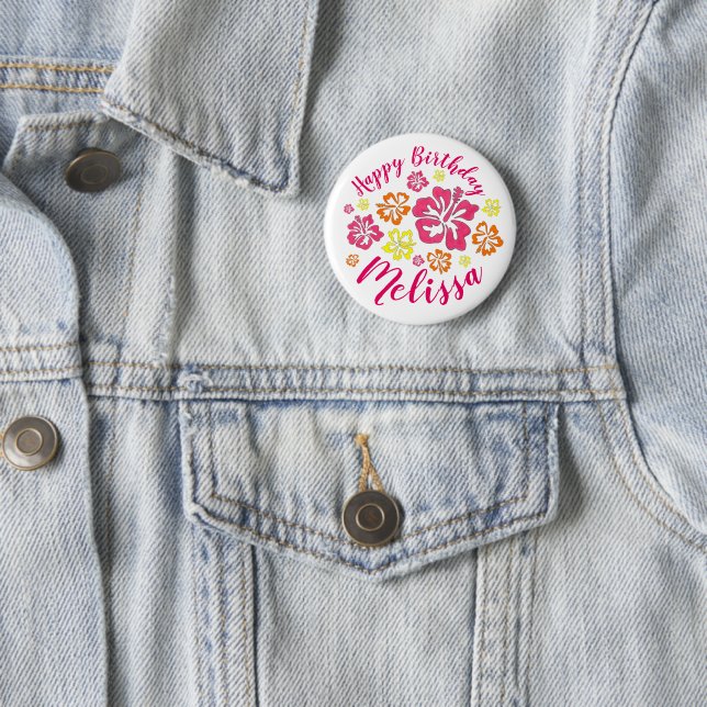 Happy Birthday Tropical Hawaiian Hibiscus Flowers Button (In Situ)