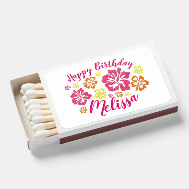 Happy Birthday Tropical Hawaiian Hibiscus Flowers Matchboxes (Front Open)