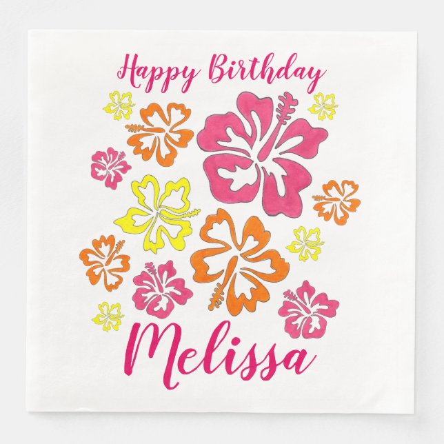 Happy Birthday Tropical Hawaiian Hibiscus Flowers Paper Dinner Napkins (Front)