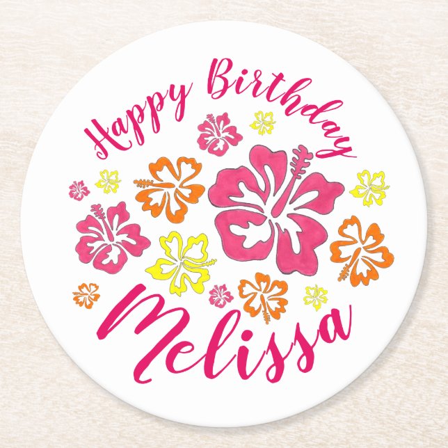 Happy Birthday Tropical Hawaiian Hibiscus Flowers Round Paper Coaster (Front)