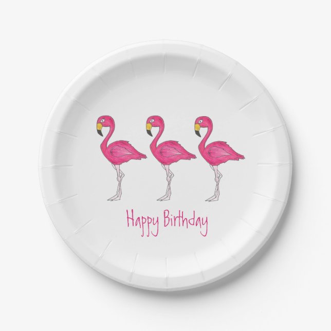 Happy Birthday Tropical Island Pink Flamingo Bird Paper Plates (Front)