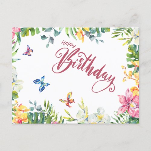 Happy Birthday Tropical Leaves Flowers Butterfly Postcard