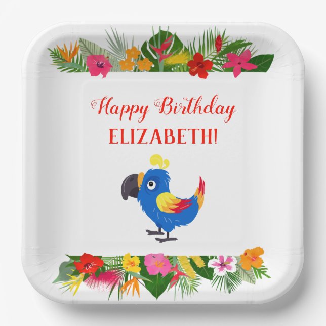 Happy Birthday Tropical Parrot Paper Plates (Front)