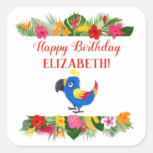 Happy Birthday Tropical Parrot Square Sticker
