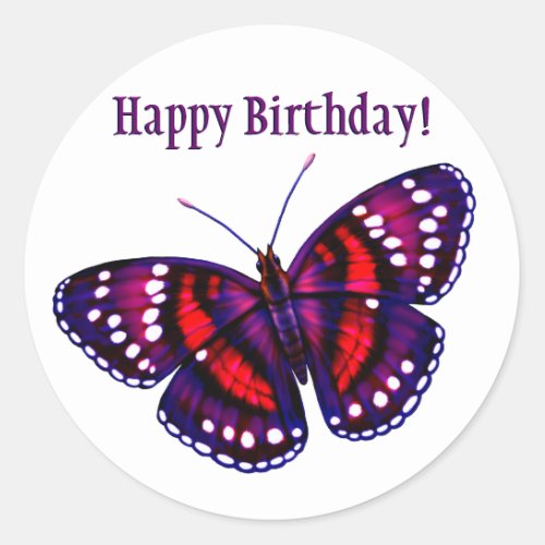 Happy Birthday Tropical Purple Butterfly Classic Round Sticker