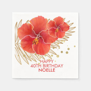 Happy Birthday, Tropical Red Hibiscus & Gold Leaf Napkins