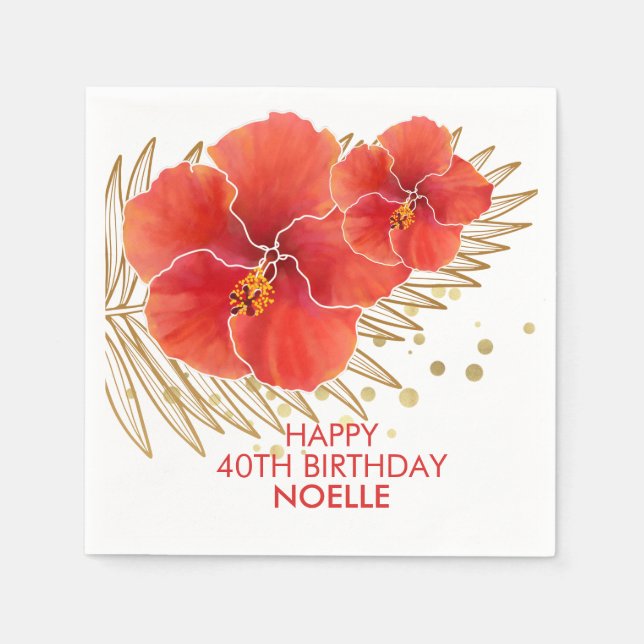 Happy Birthday, Tropical Red Hibiscus & Gold Leaf Napkins (Front)