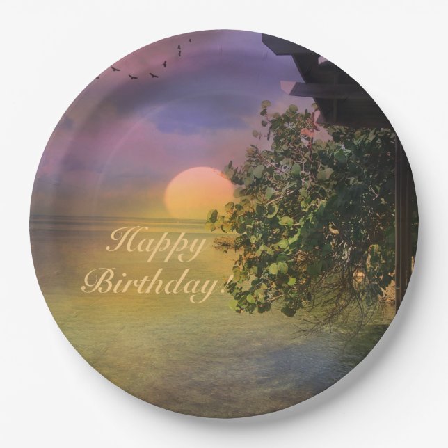 Happy Birthday Tropical Sunset Paper Plates (Front)
