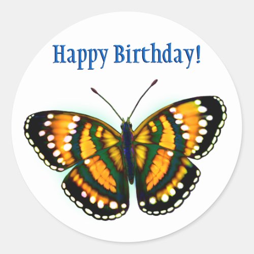 Happy Birthday Tropical Sunshine Yellow Butterfly Classic Round Sticker