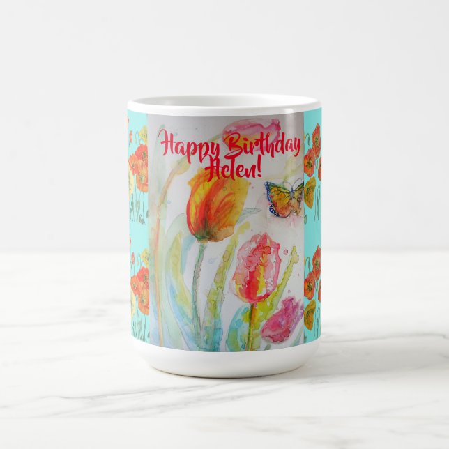 Happy Birthday Tulip Orange Poppy Womans Name Mug (Center)