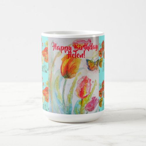 Happy Birthday Tulip Orange Poppy Womans Name Mug