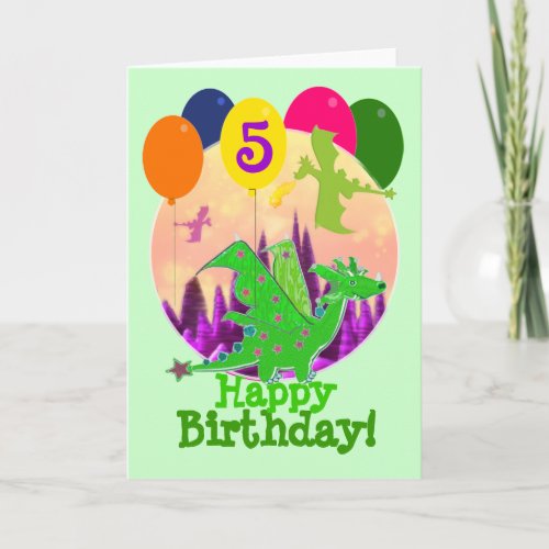 Happy Birthday Turning 5 Balloons Cute Dragon Card