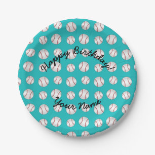 Happy Birthday turquoise baseball Paper Plates