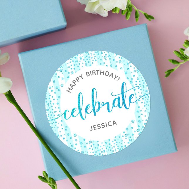 Happy Birthday Turquoise Glitter White Stripes Classic Round Sticker (Creator Uploaded)