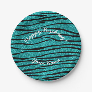 Happy Birthday turquoise glitter zebra stripes Paper Plates