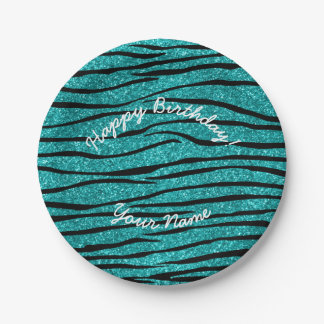 Happy Birthday turquoise glitter zebra stripes Paper Plates
