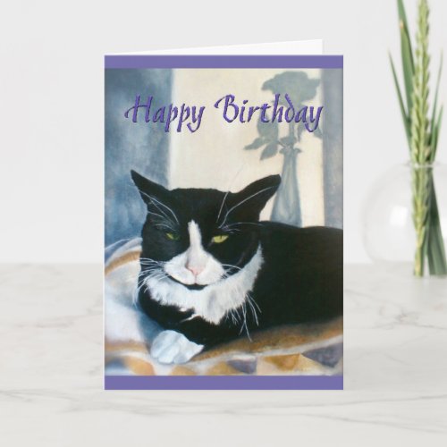 Happy Birthday Tuxedo Cat next to sunny window Card