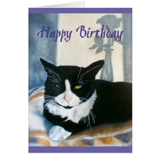 Happy Birthday Tuxedo Cat next to sunny window Greeting Card | Zazzle