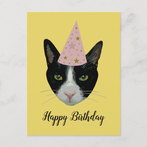 Happy Birthday _ Tuxedo Cat with Party Hat Invitation Postcard