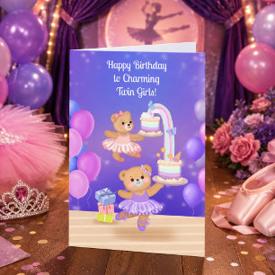 Happy Birthday Twin Girls Teddy Bear Ballerina Card