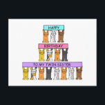 Happy Birthday Twin Sister Cartoon Cats. Postcard<br><div class="desc">Three rows of super cute cartoon kittens holding up pink,  blue and mauve banners that say 'Happy Birthday to my Twin Sister'.</div>