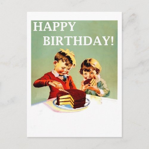 Happy birthday two kids are eating cake vintage postcard