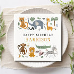 Happy Birthday Two Wild Safari Animals Kids Napkins<br><div class="desc">Happy Birthday Two Wild 2nd Birthday Safari Animals Cute Kids Birthday Party Paper Napkins features whimsical giraffe, elephant, lion, zebra, leopard, monkey, snake, crocodile, cute and colorful wild animals with the text in modern black and mustard typography script. Perfect for boys or girls, kids second birthday party celebrations. Designed by...</div>