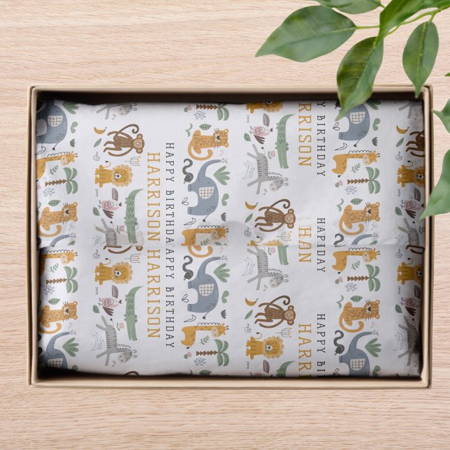 Happy Birthday Two Wild Safari Animals Personalize Tissue Paper (Creator Uploaded)