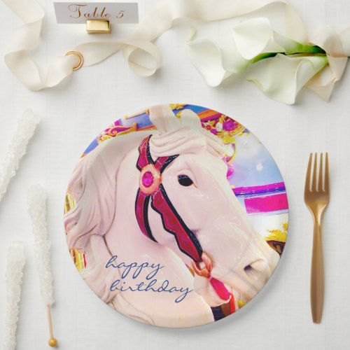 Happy Birthday Type Carnival Carousel Horse Photo Paper Plates