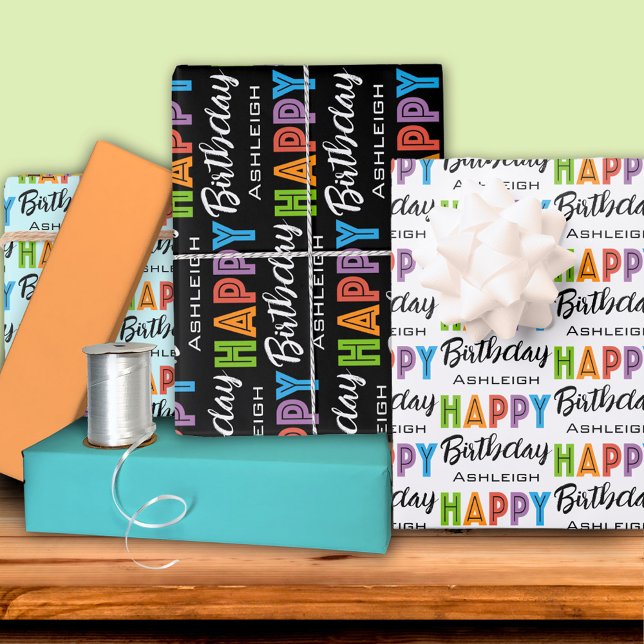 Happy Birthday Typography Custom Name Wrapping Paper Sheets (Creator Uploaded)