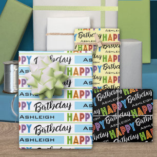 Happy Birthday Typography Name Wrapping Paper Sheets
