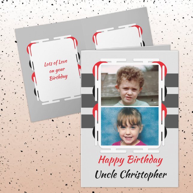 Happy Birthday Uncle 2 photo red grey Card (Creator Uploaded)