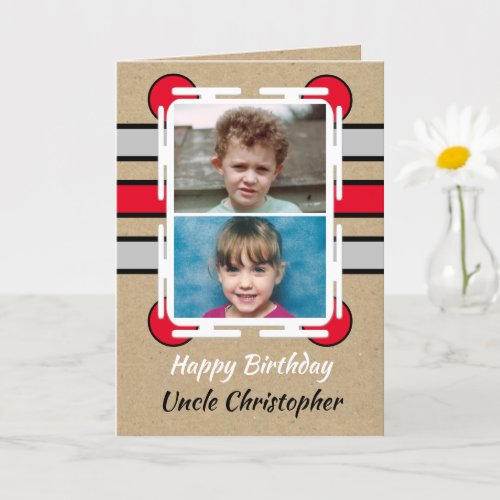 Happy Birthday Uncle red grey rustic photo Card