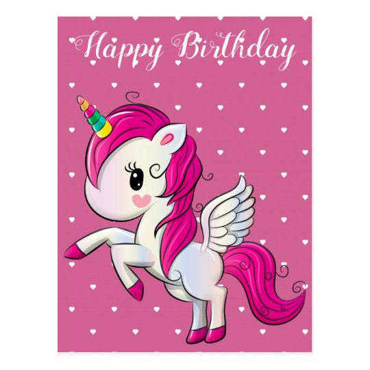Happy birthday, unicorn and hearts, custom postcard | Zazzle.com
