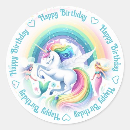 Happy Birthday Unicorn and Mermaids Classic Round Sticker