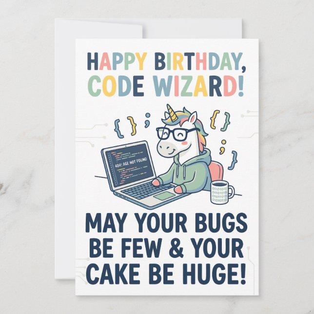 Happy Birthday Unicorn Code Wizard Holiday Card (Front)