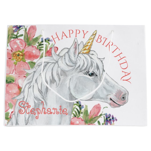 Happy Birthday Unicorn Cute Floral Personalized Large Gift Bag (Front)