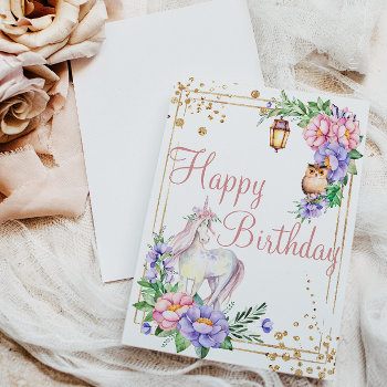 Happy Birthday Unicorn Owl Watercolor Floral Card by MaggieMart at Zazzle