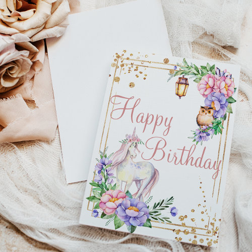 Happy Birthday Unicorn Owl Watercolor Floral