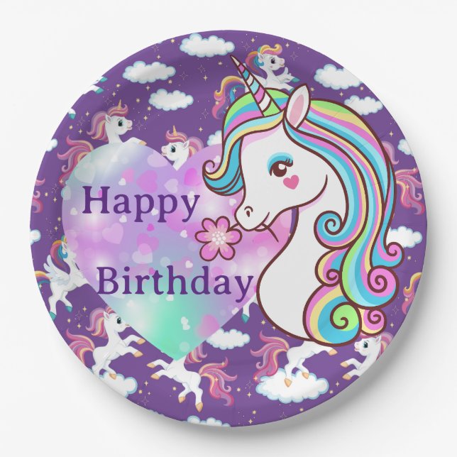 Happy Birthday Unicorn Paper Plates (Front)