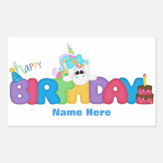 Happy Birthday Unicorn (personalized) Rectangular Sticker (Front)