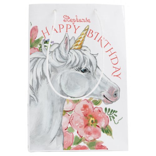 Happy Birthday Unicorn Pink Floral Personalized Medium Gift Bag
