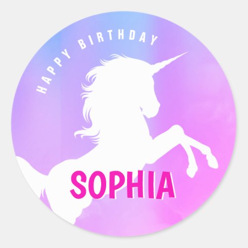 Happy Birthday Unicorn Pink Purple with Name Classic Round Sticker