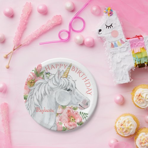 Happy Birthday Unicorn Pretty Floral Personalized Paper Plates