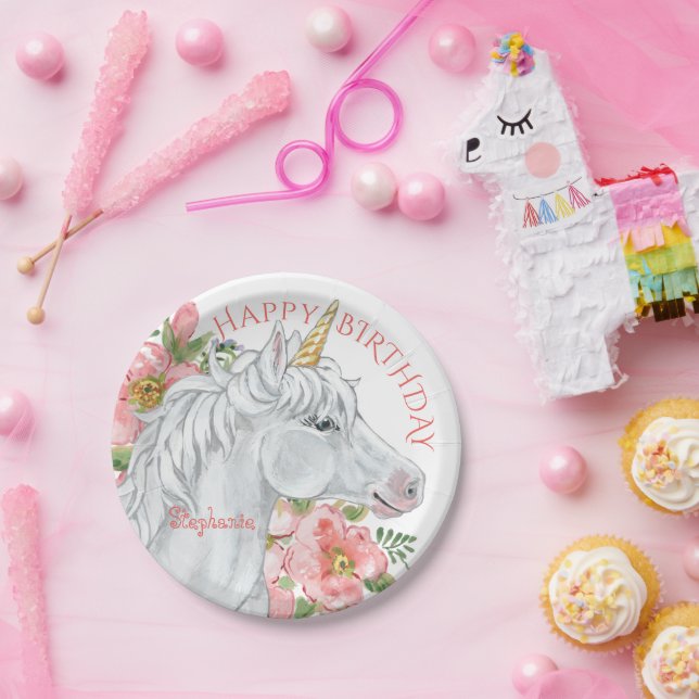 Happy Birthday Unicorn Pretty Floral Personalized Paper Plates (Party)